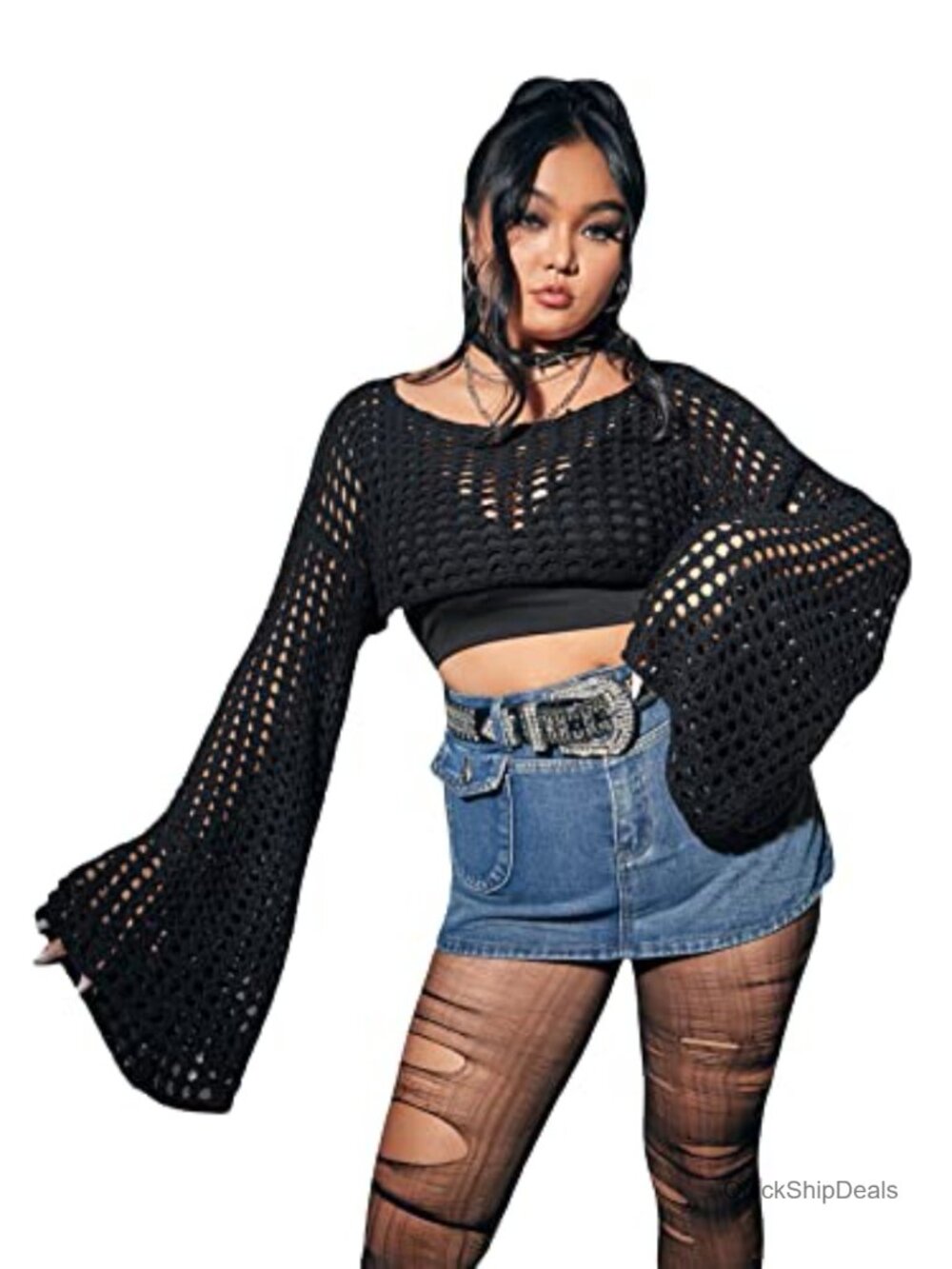 Plus Size Crochet Boat Neck Long Sleeve Crop Sweater Pullover
